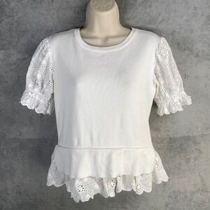 Anthropologie Top Small Eyelet Peplum Knit‎ Indie Twee Boho Chic Cottagecore